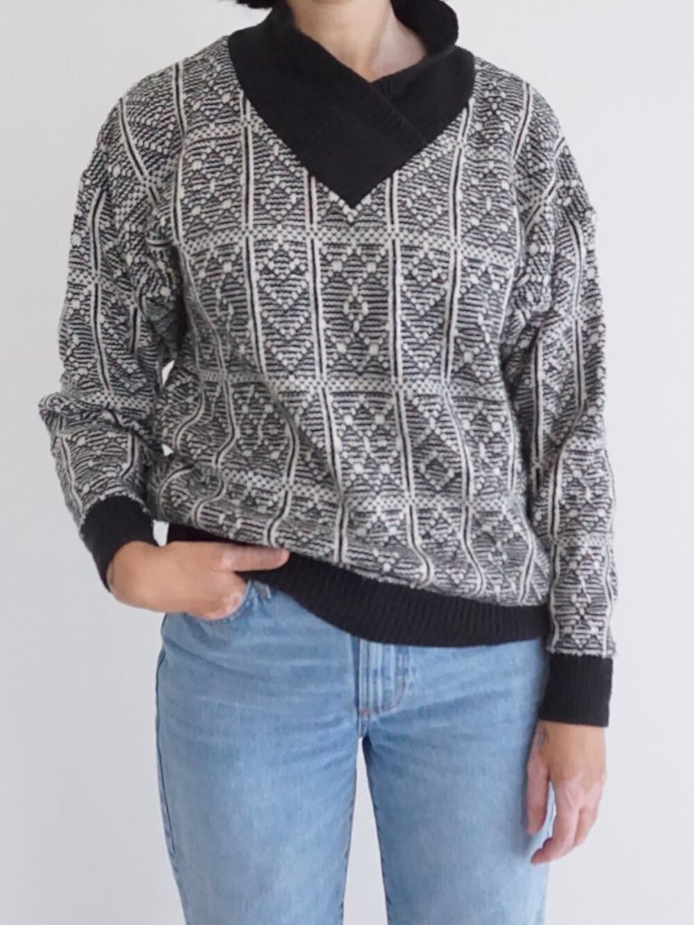 Vintage Country Suburbans Black White Geometric Mockneck Textured Knit Sweater M